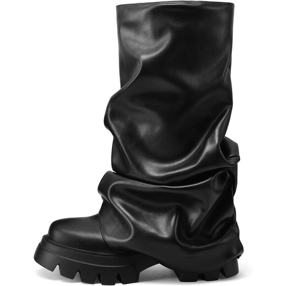 Women's Black Leather Glitter Metallic Wide Calf Pleated Fold Over Mid Calf Boot - Picture 1 of 7